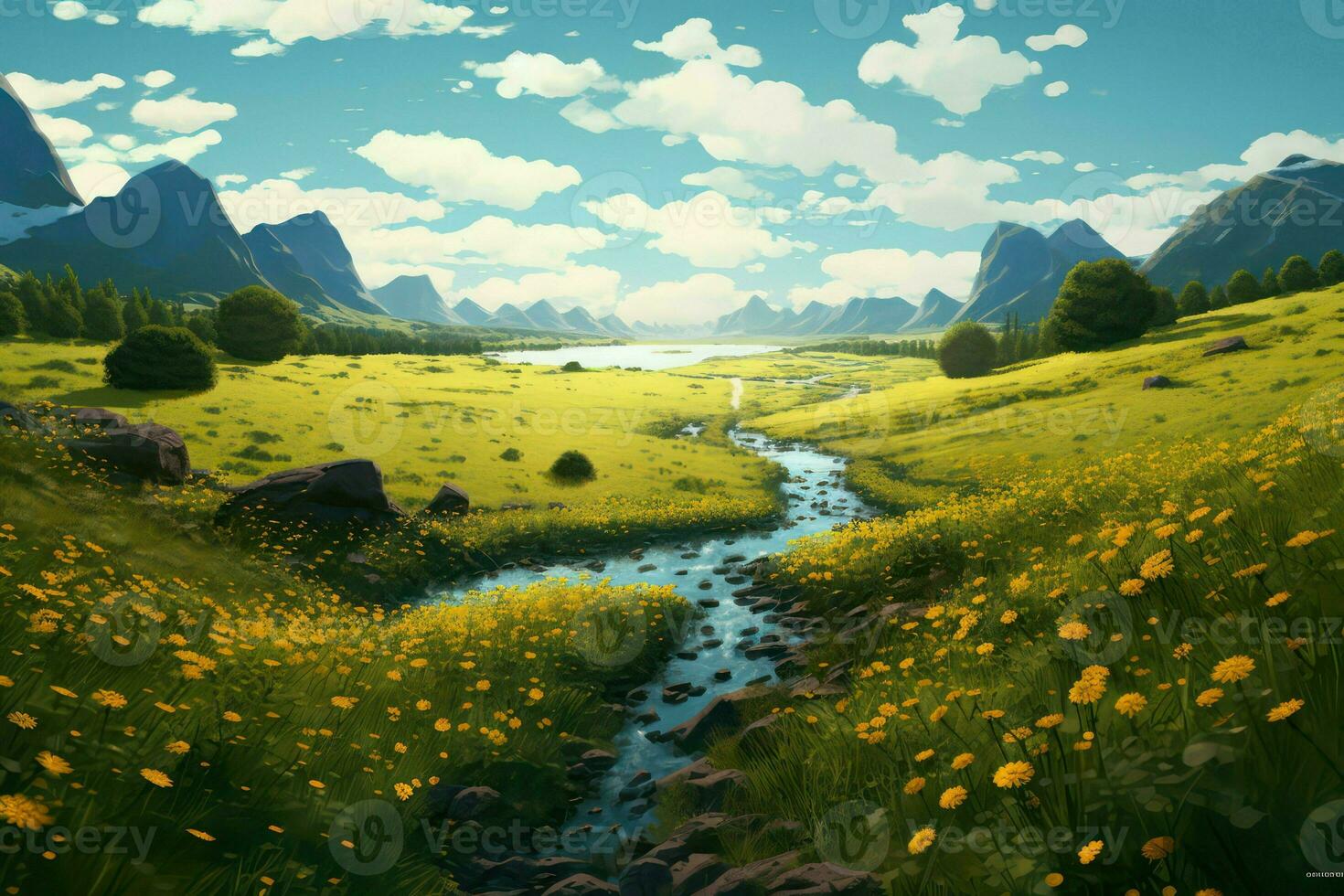 Beautiful spring landscape with river and dandelions photo
