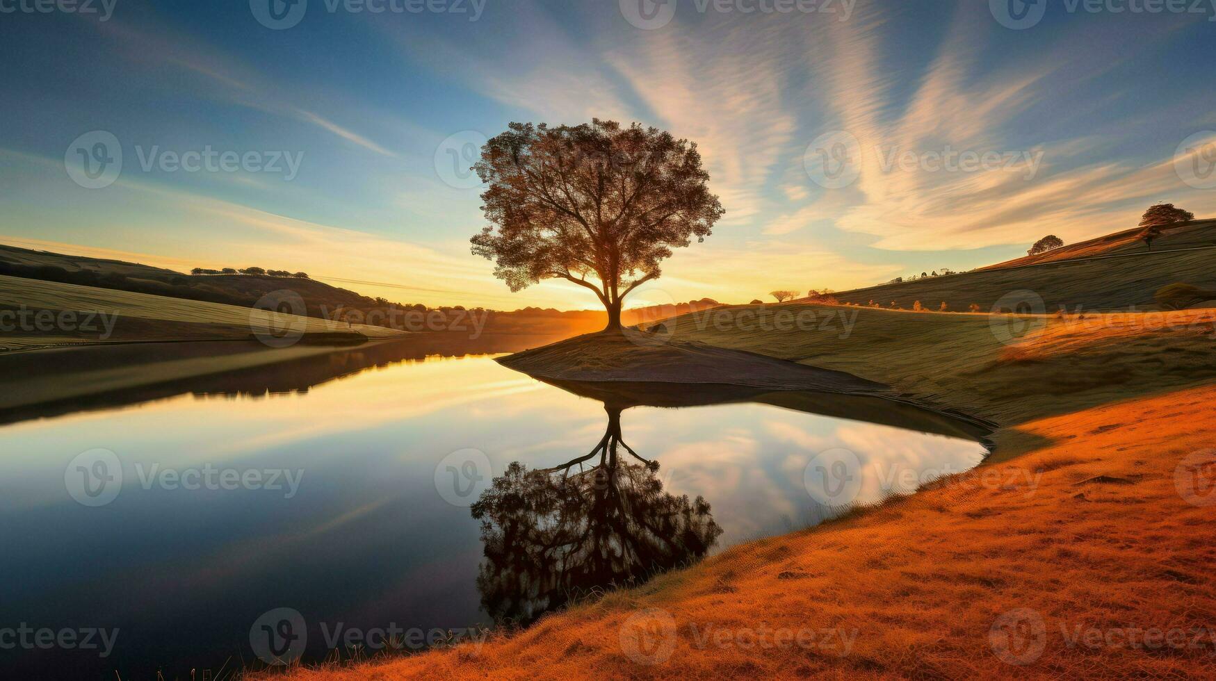 árbol en el banco de un lago a amanecer foto