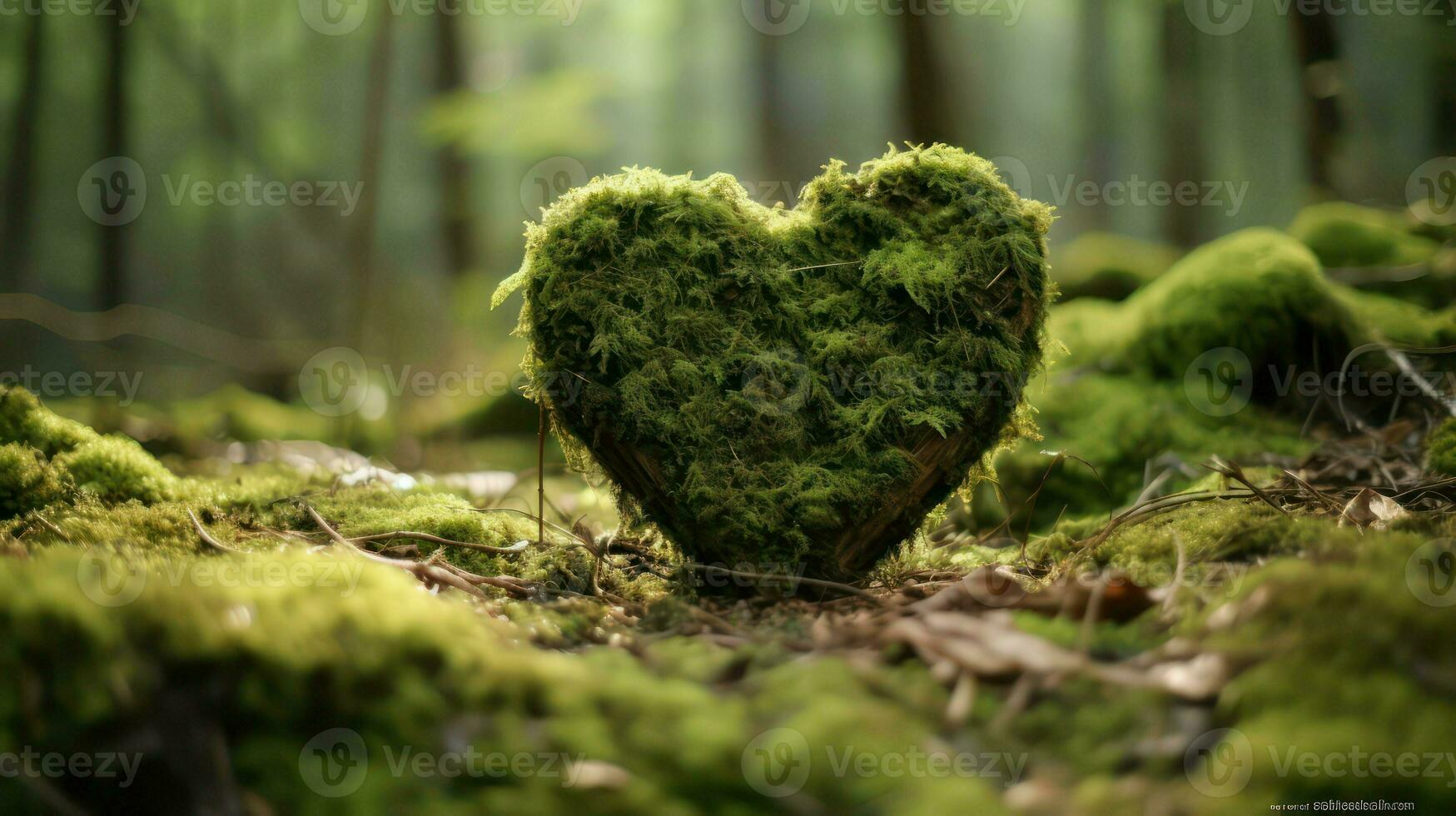 Heart shaped tree trunk covered with green moss in the forest, close up photo