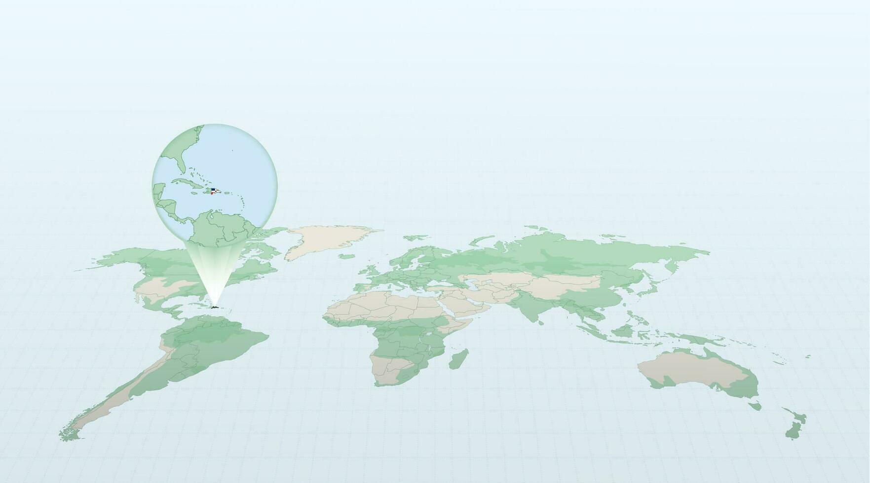 World map in perspective showing the location of the country Dominican Republic with detailed map with flag of Dominican Republic. vector