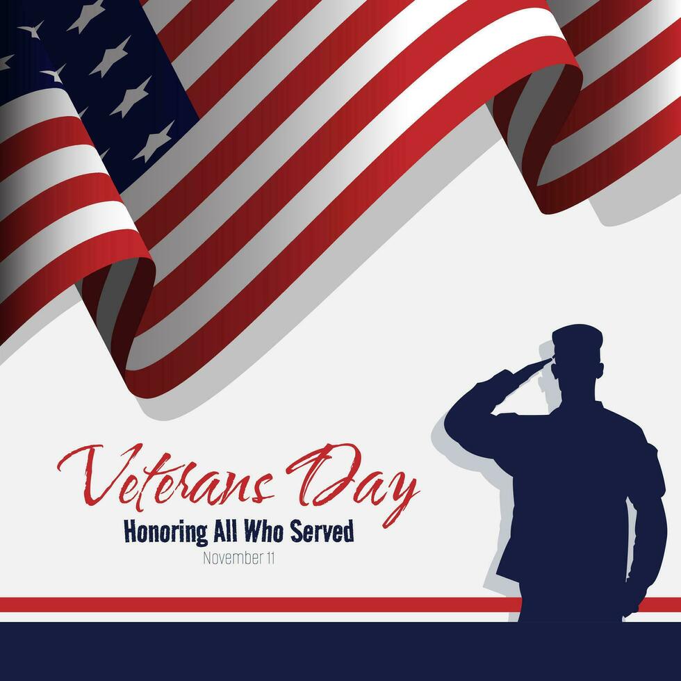 Veterans Day poster with a male soldier saluting and a waving american flag vector