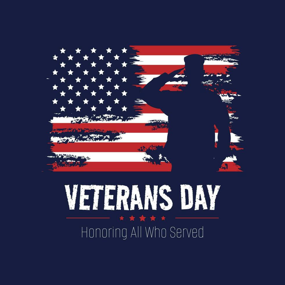Veterans Day poster with a male soldier saluting with an American flag in the background vector