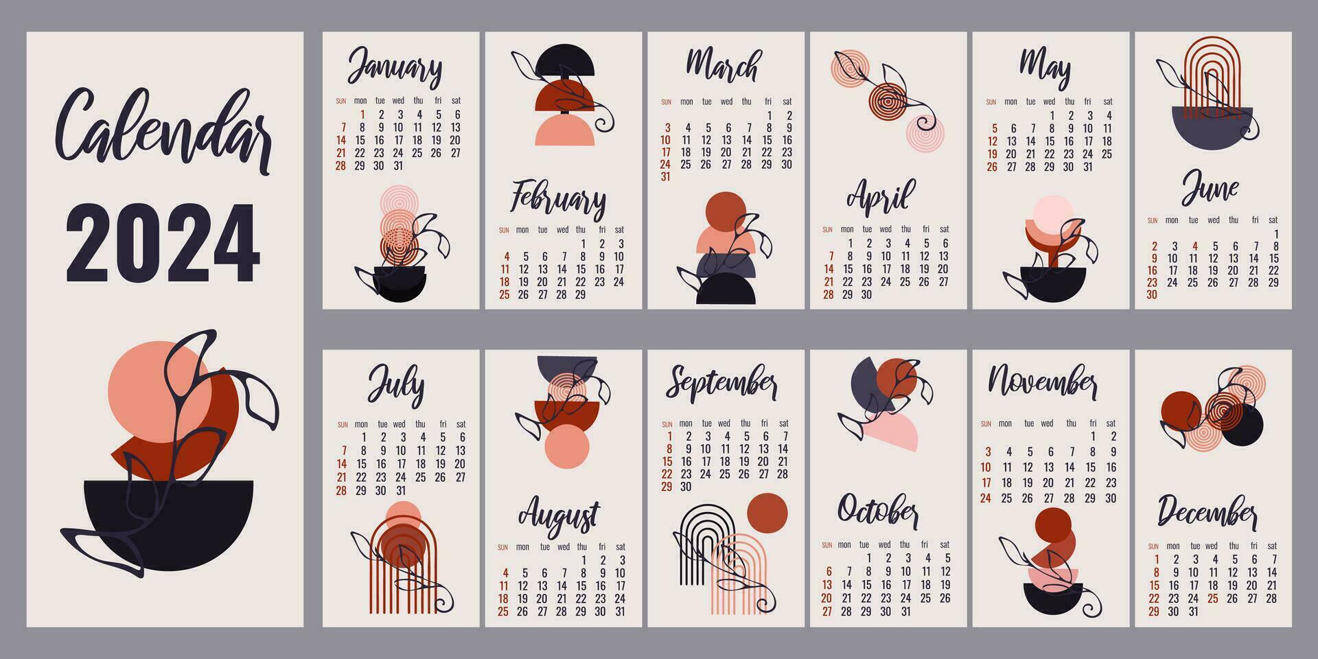 2024 calendar happy new year. Various shapes. vector