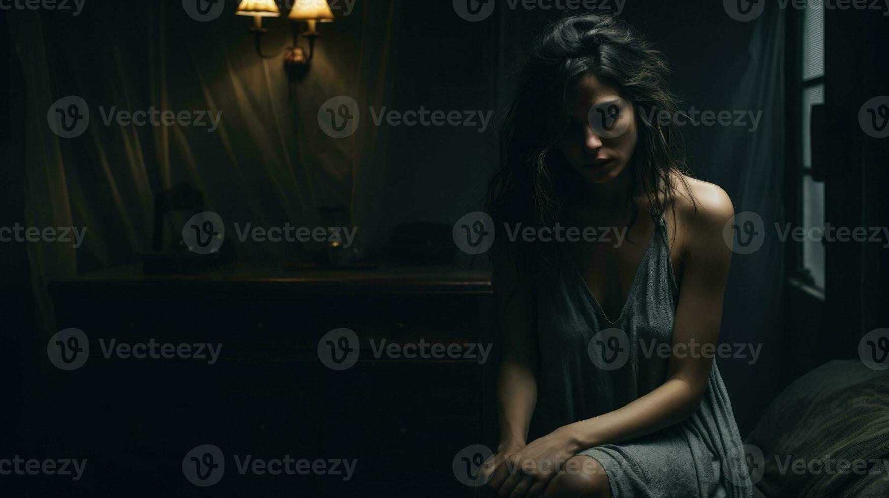 A woman sits alone in a dark room. Loneliness, waiting concept. photo