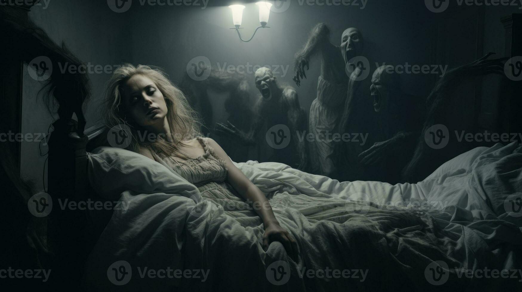 mujer sufrimiento desde dormir parálisis acostado en su cama foto
