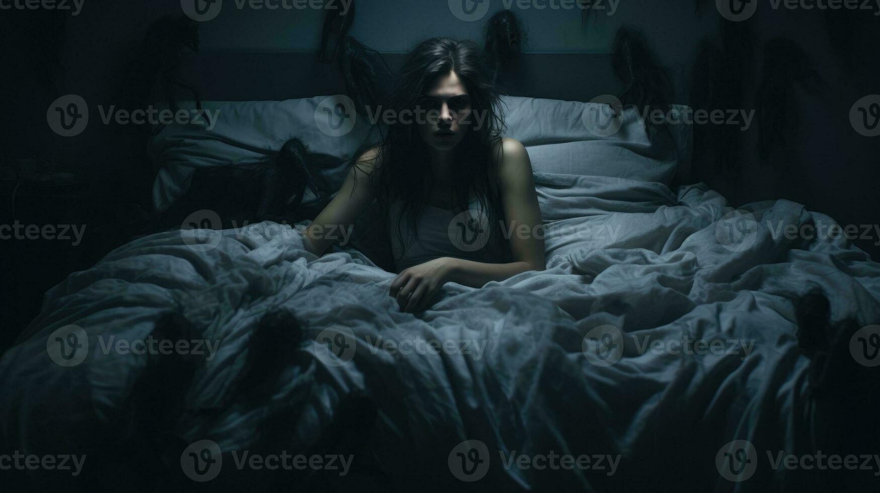 Woman suffering from nightmares lying in her bed photo