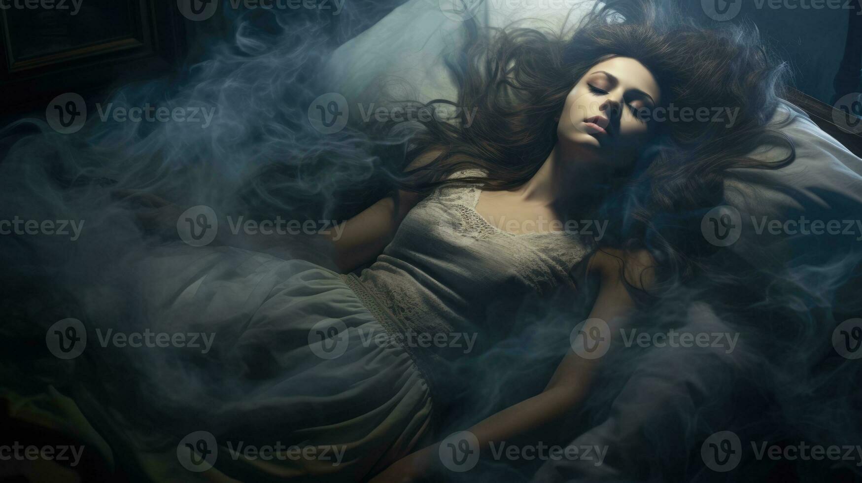 Woman suffering from sleep paralysis lying in her bed photo