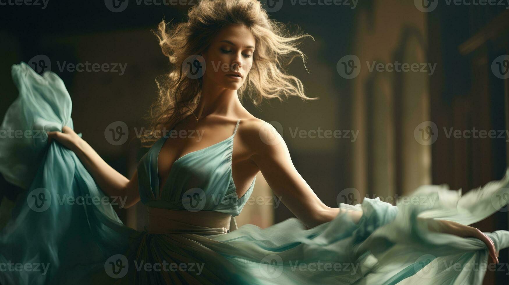 The beautiful woman dancing in flying dress. photo