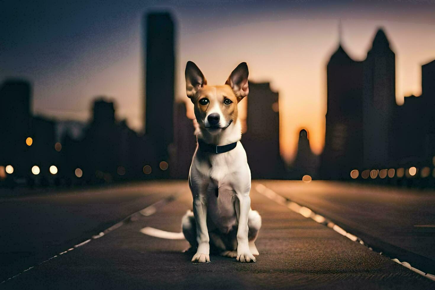 a dog sitting on the ground in front of a city skyline. AI-Generated photo