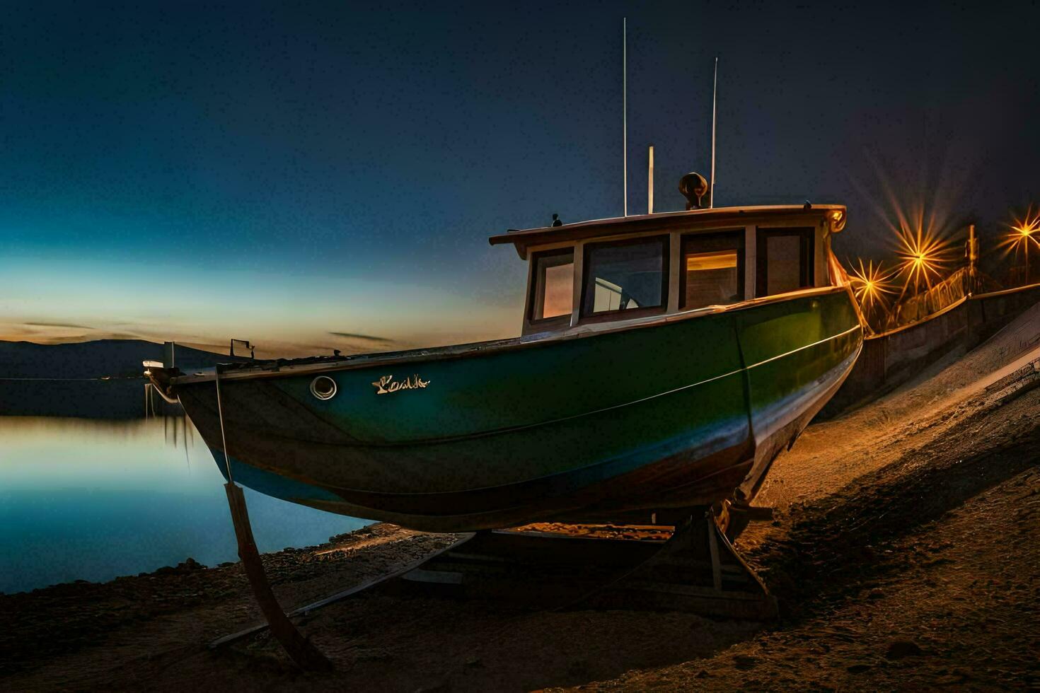 a boat sits on the shore at dusk. AI-Generated photo