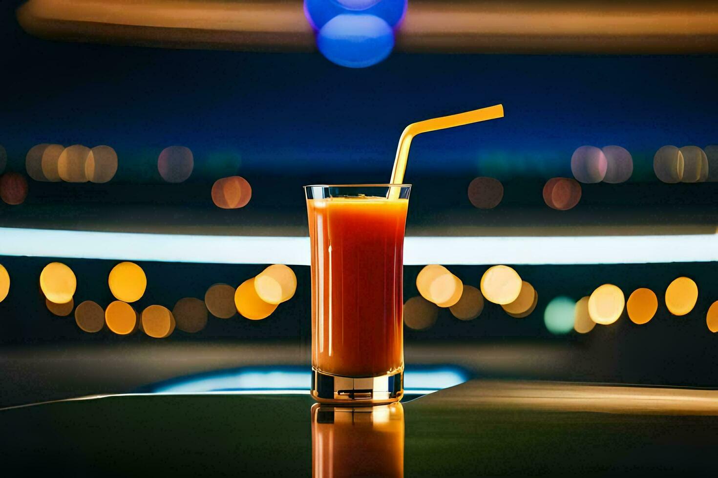 a glass of orange juice on a table in front of a city skyline. AI-Generated photo