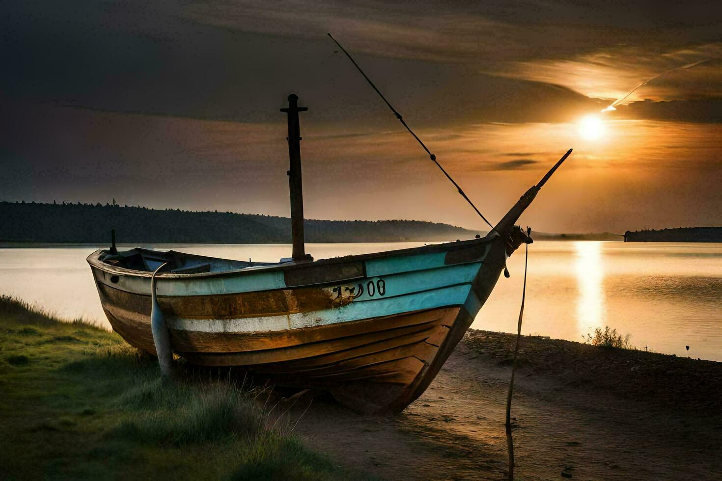 a boat sits on the shore at sunset. AI-Generated photo