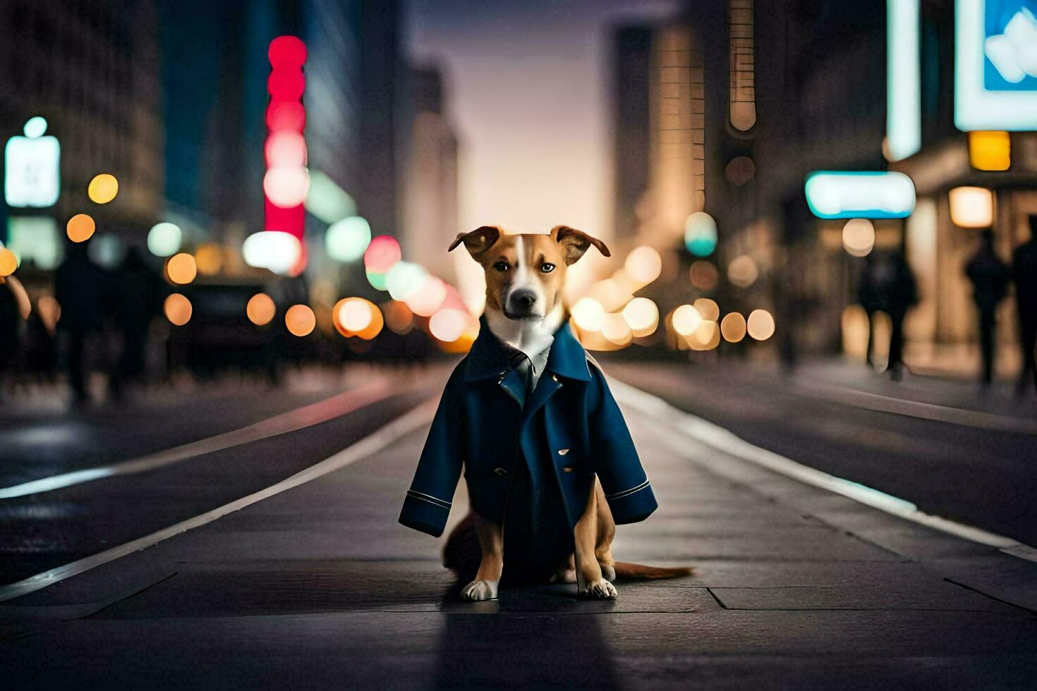 a dog in a suit on the street at night. AI-Generated photo