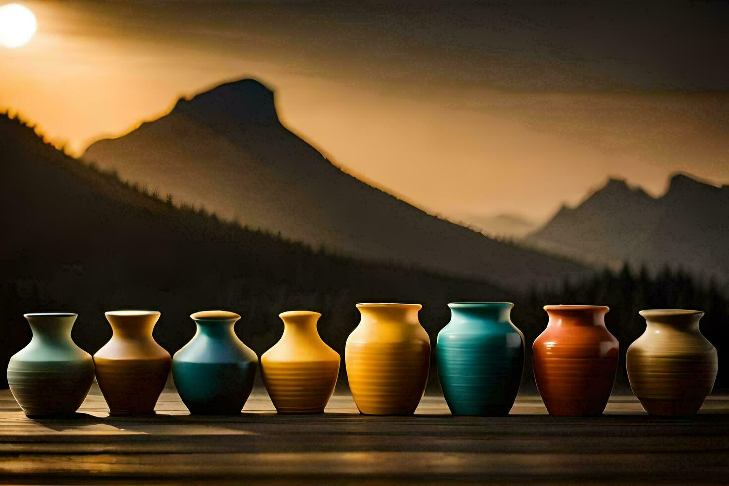 a row of colorful vases sit on a wooden table. AI-Generated photo
