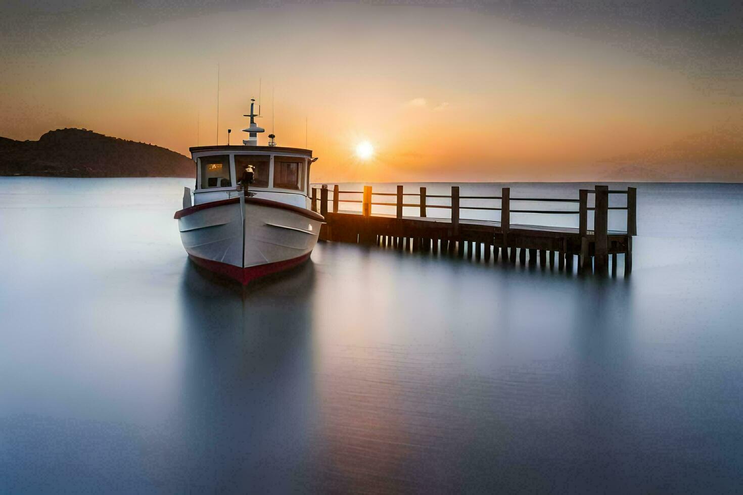 a boat docked at the end of a pier at sunset. AI-Generated photo