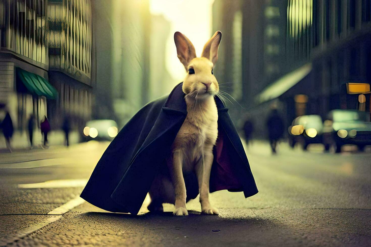 un Conejo vestido en un capa en pie en un ciudad calle. generado por ai foto