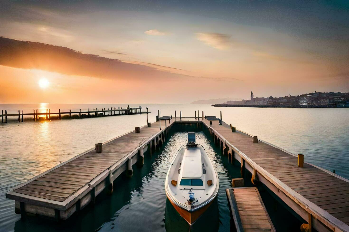 a boat docked at a pier at sunset. AI-Generated photo