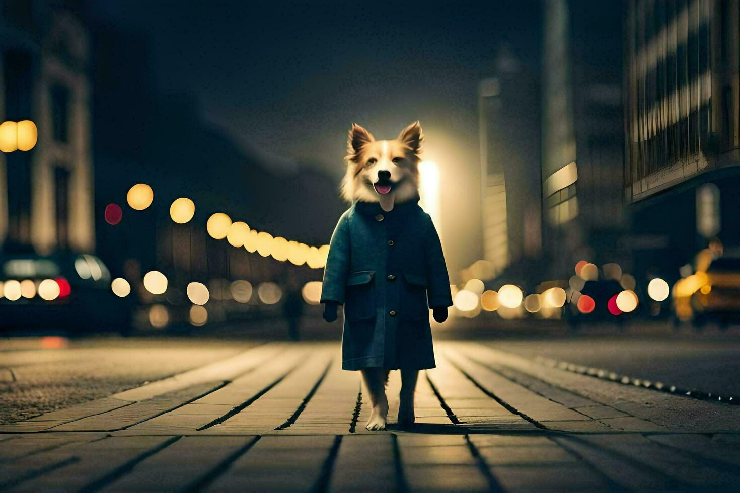 a dog in a coat standing on a street at night. AI-Generated photo