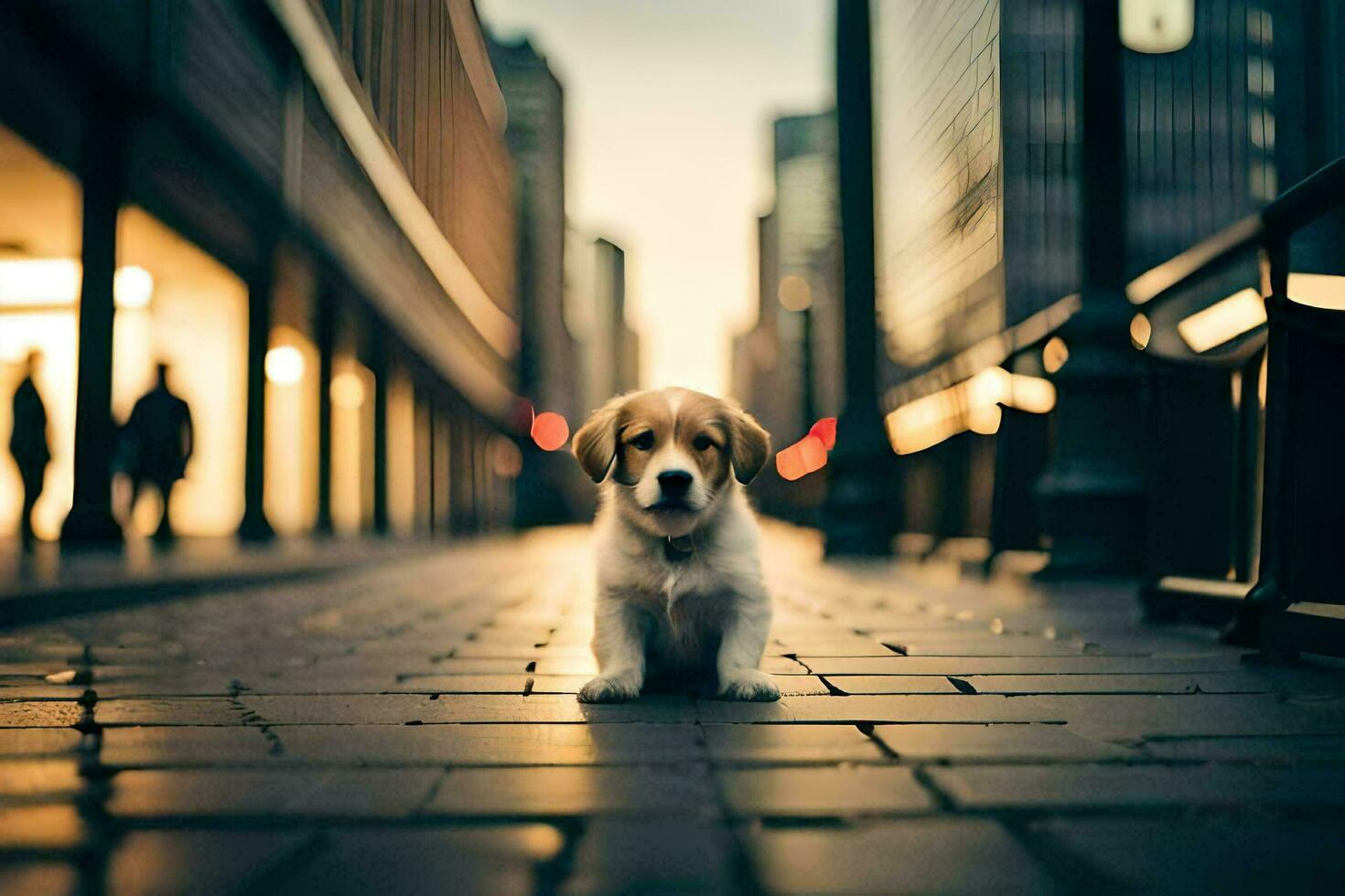 a puppy is sitting on the ground in a city. AI-Generated photo