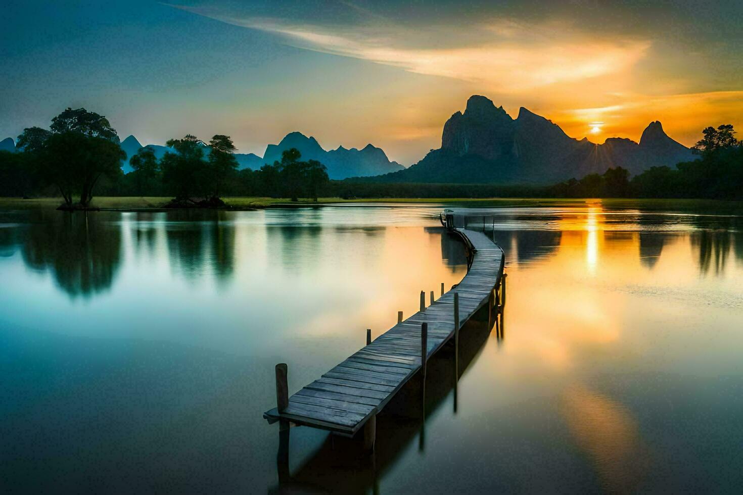 a wooden pier in the middle of a lake at sunset. AI-Generated photo