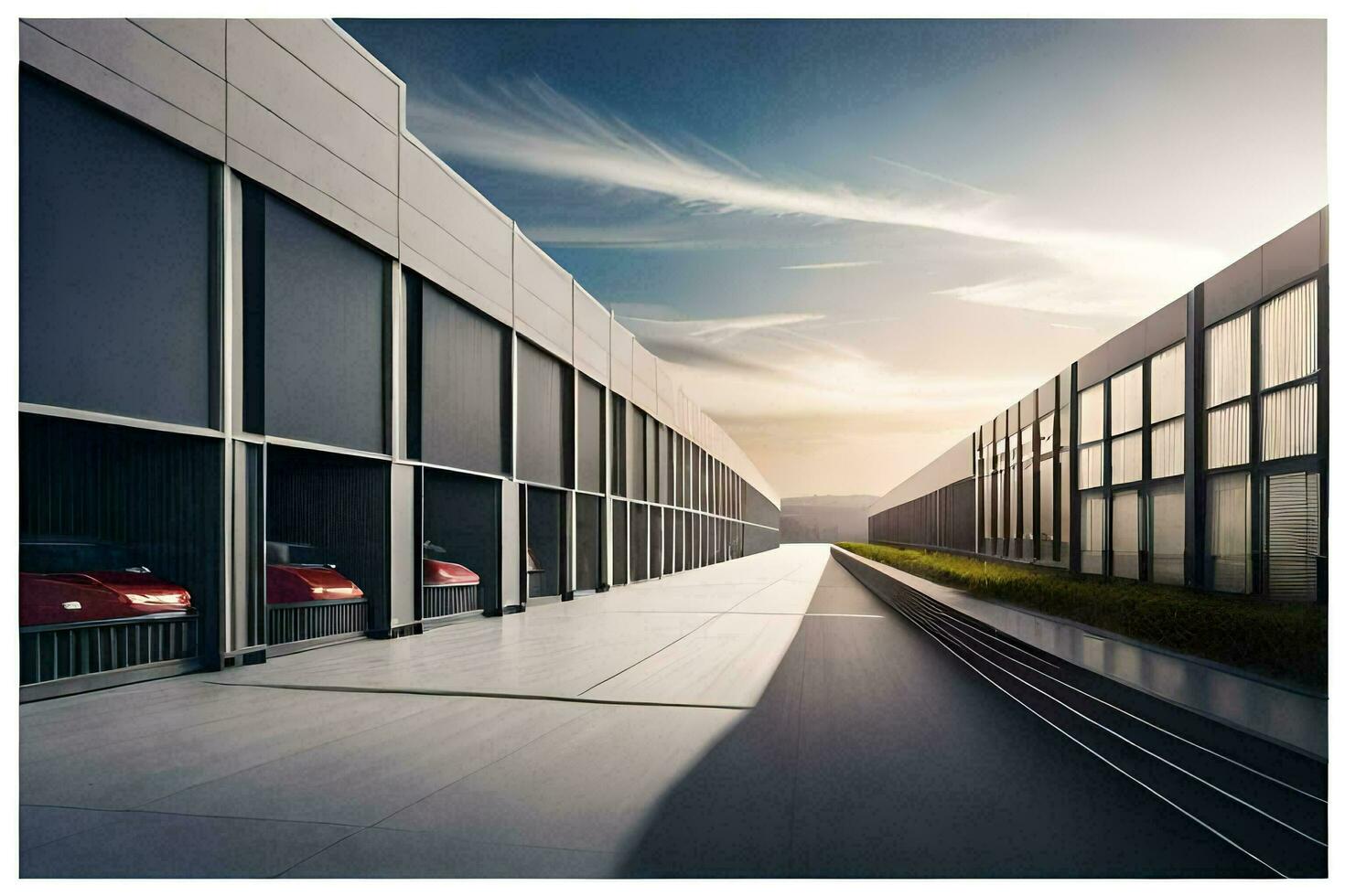 a large building with a row of cars parked in front. AI-Generated photo