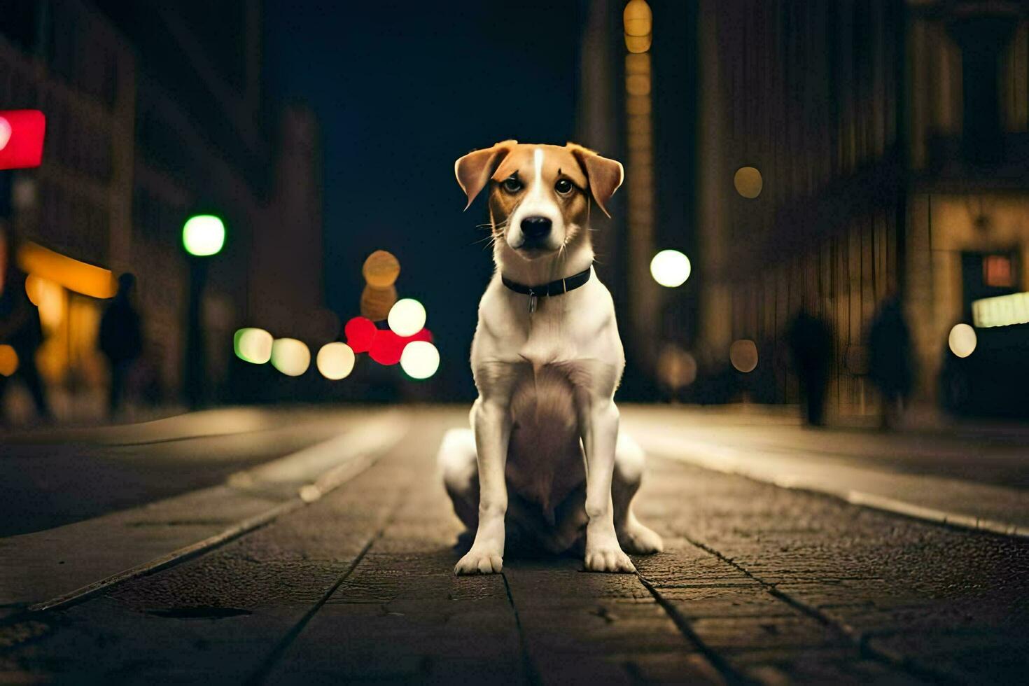 a dog sitting on the street at night. AI-Generated photo