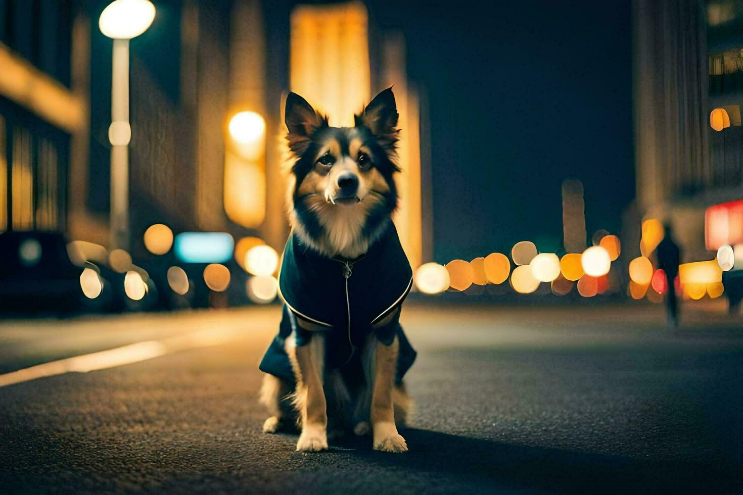 a dog sitting on the street at night. AI-Generated photo
