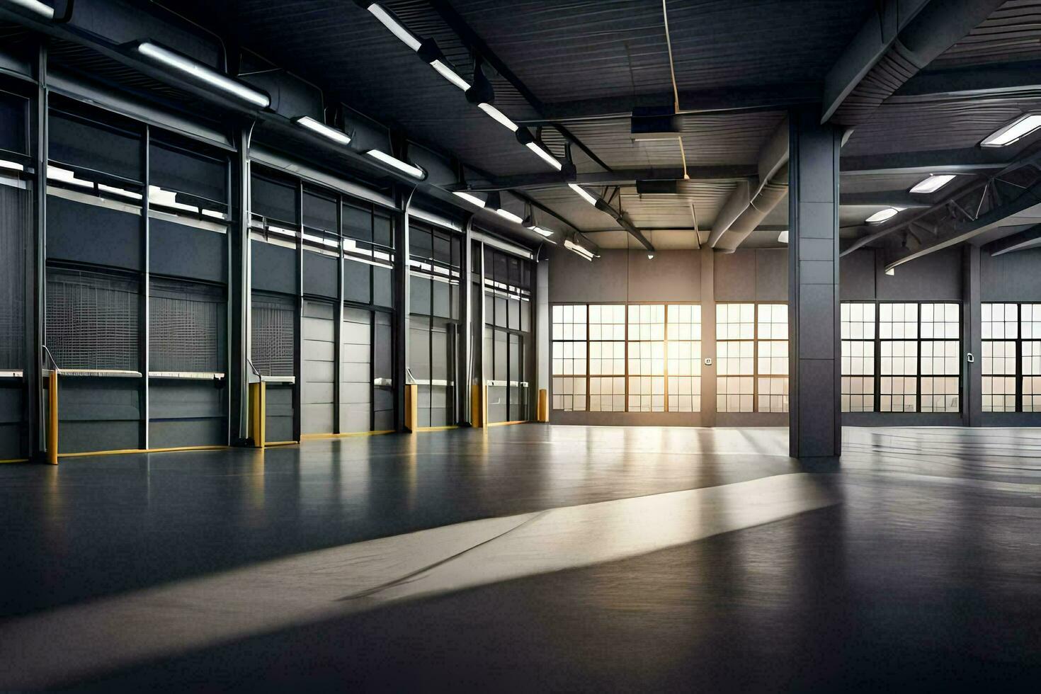 an empty warehouse with large windows and a sun shining through. AI-Generated photo
