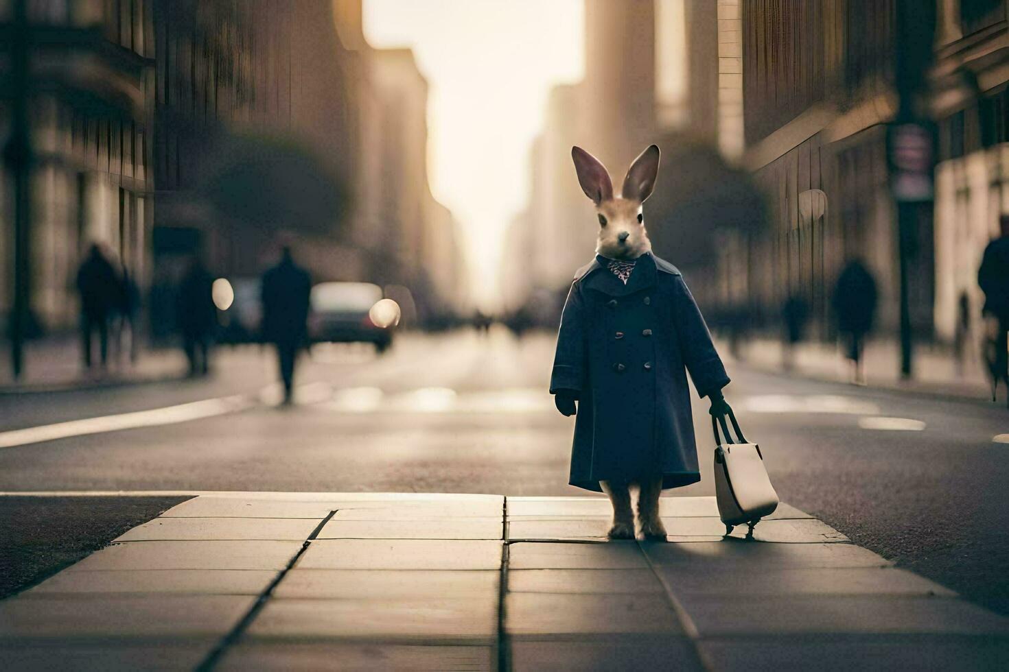a rabbit in a coat and hat standing on a street. AI-Generated photo