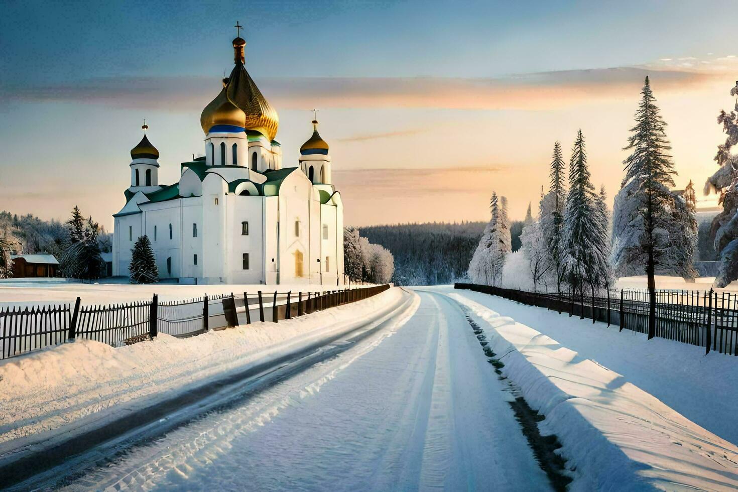 a snowy road leads to a church in the middle of a field. AI-Generated photo