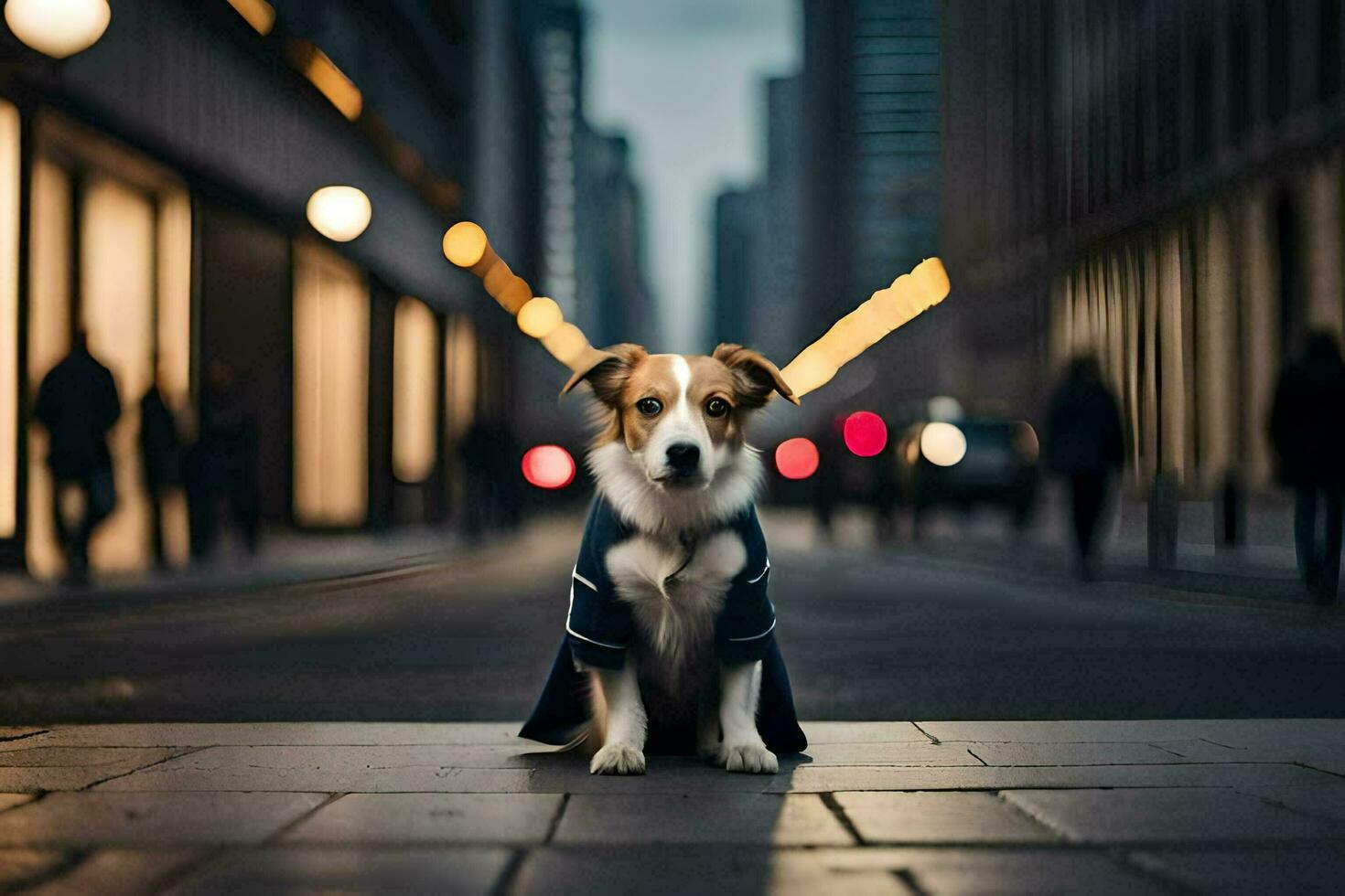 a dog wearing a coat on the street. AI-Generated photo