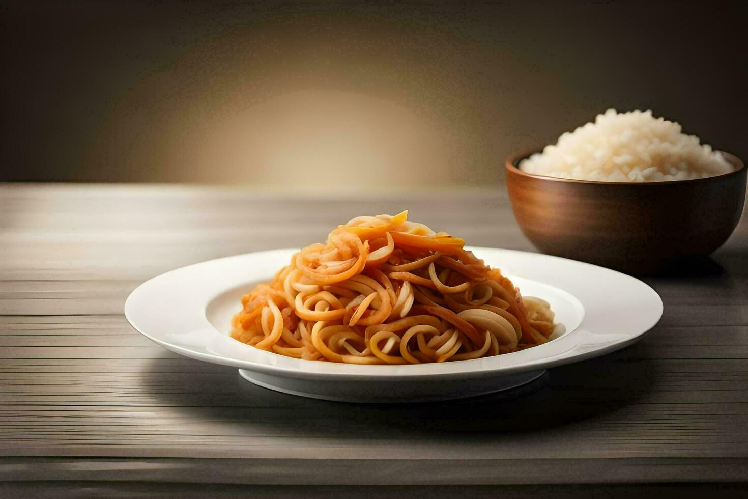 onion noodles in a bowl and a bowl of rice. AI-Generated photo