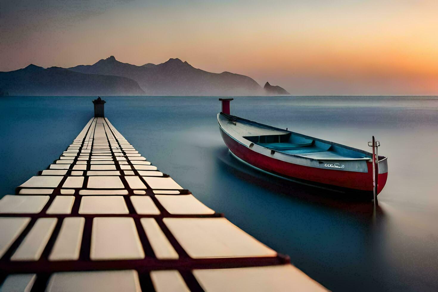 a boat is docked at the end of a pier at sunset. AI-Generated photo