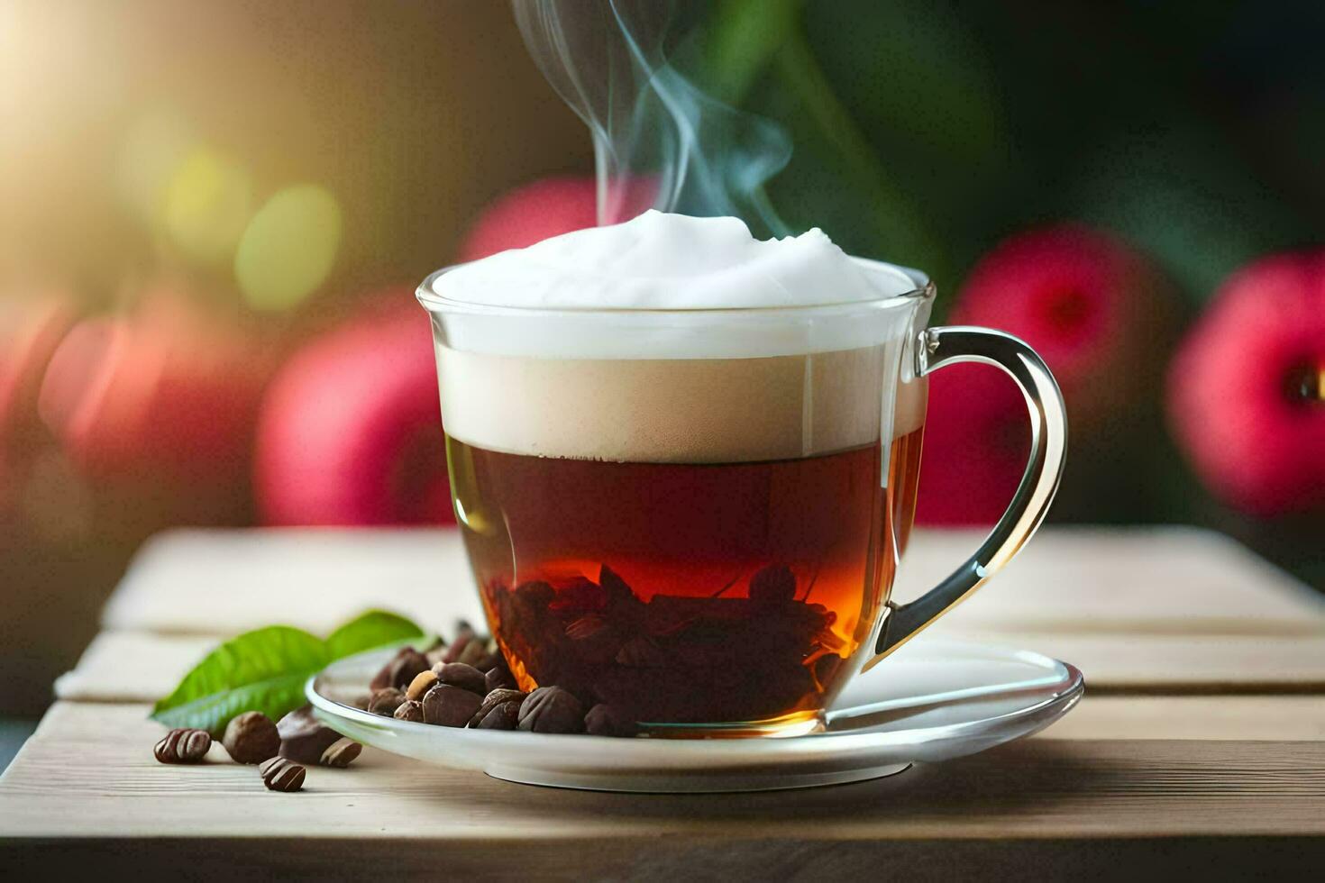 a cup of coffee with steaming hot coffee beans and a cup of coffee beans. AI-Generated photo