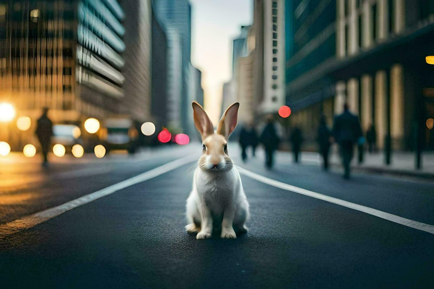 a rabbit is sitting on the street in a city. AI-Generated photo