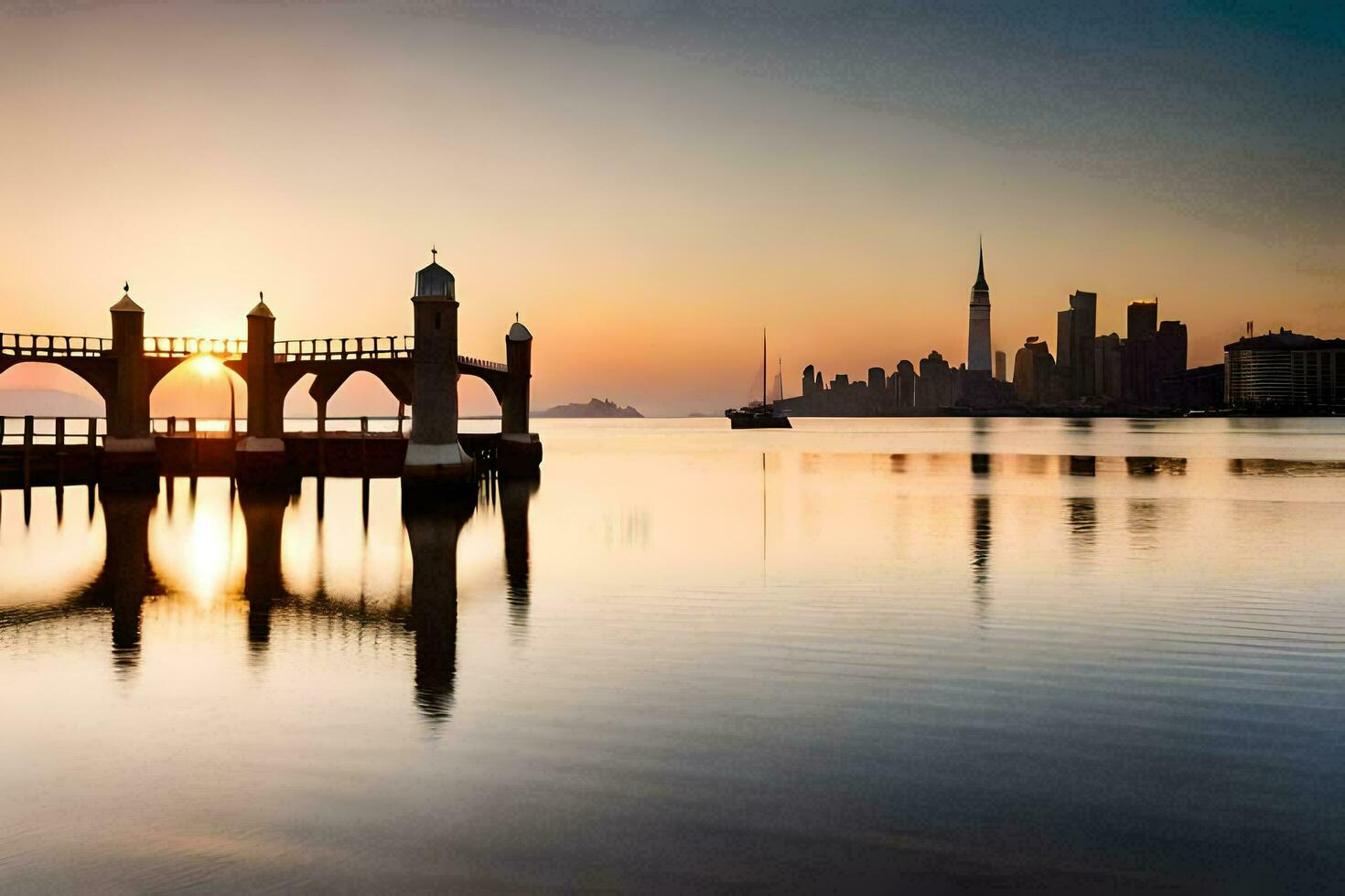 the sun is setting over a city skyline and pier. AI-Generated photo