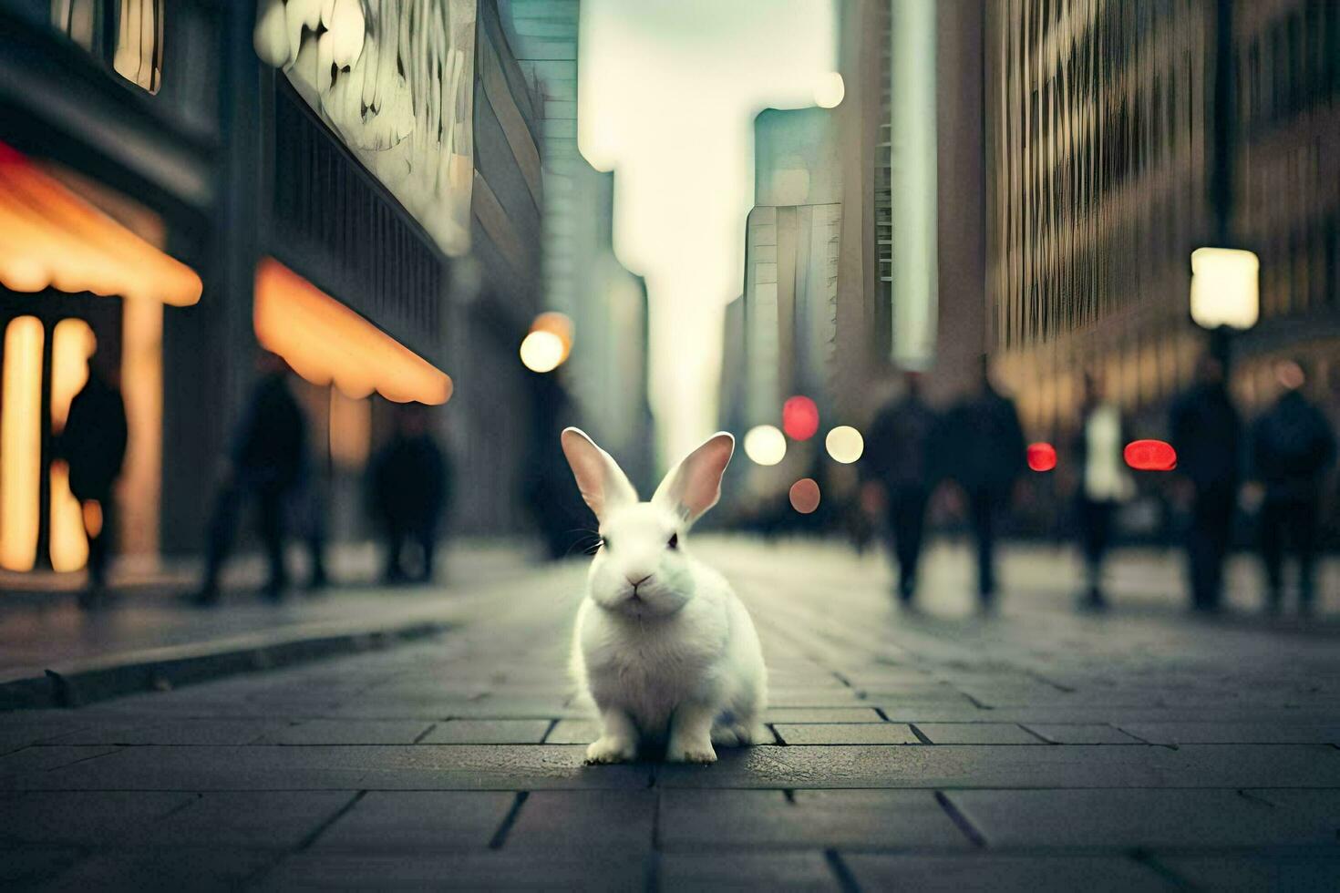 a white rabbit is standing in the middle of a city street. AI-Generated photo