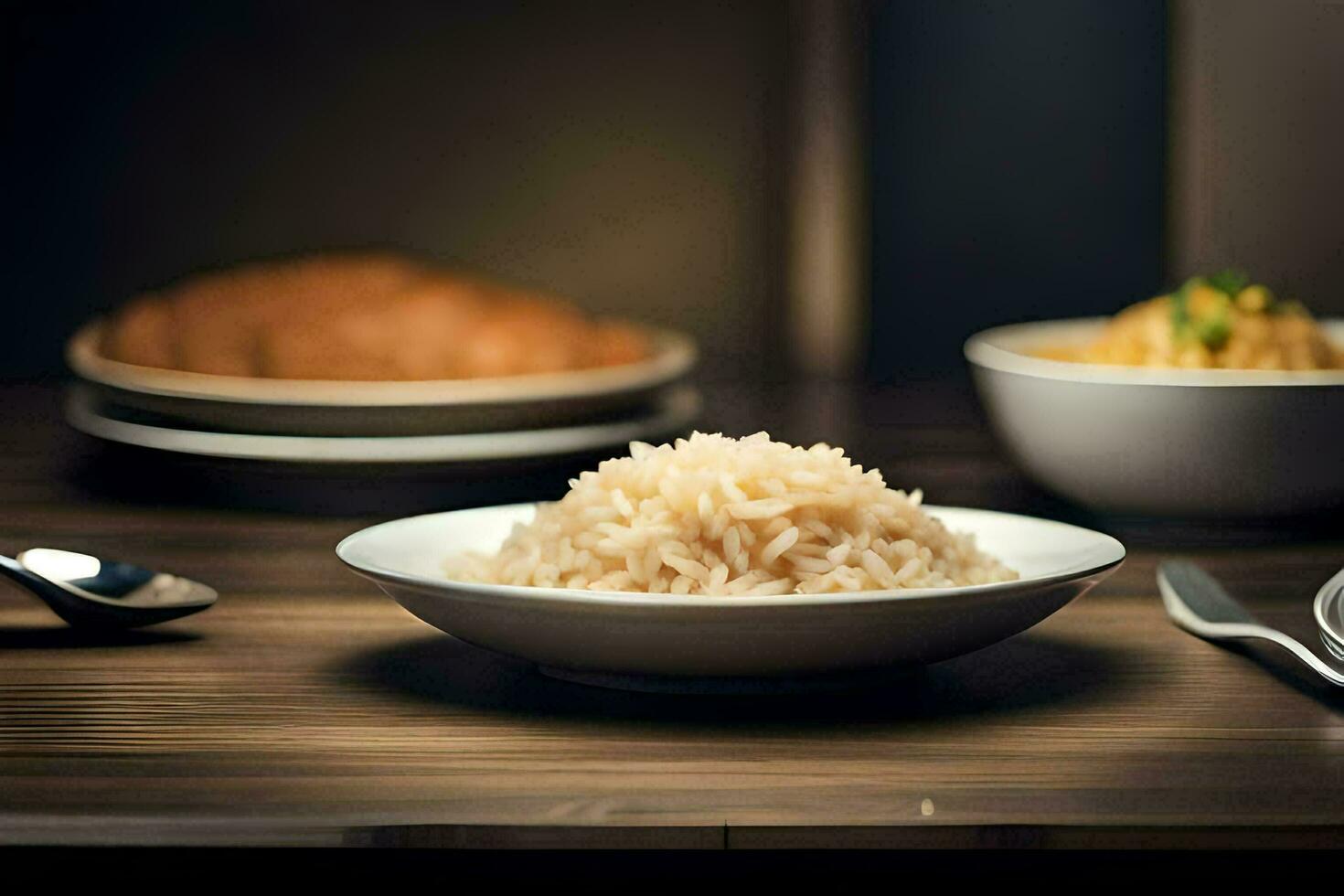 a bowl of rice sits on a table with silverware. AI-Generated photo