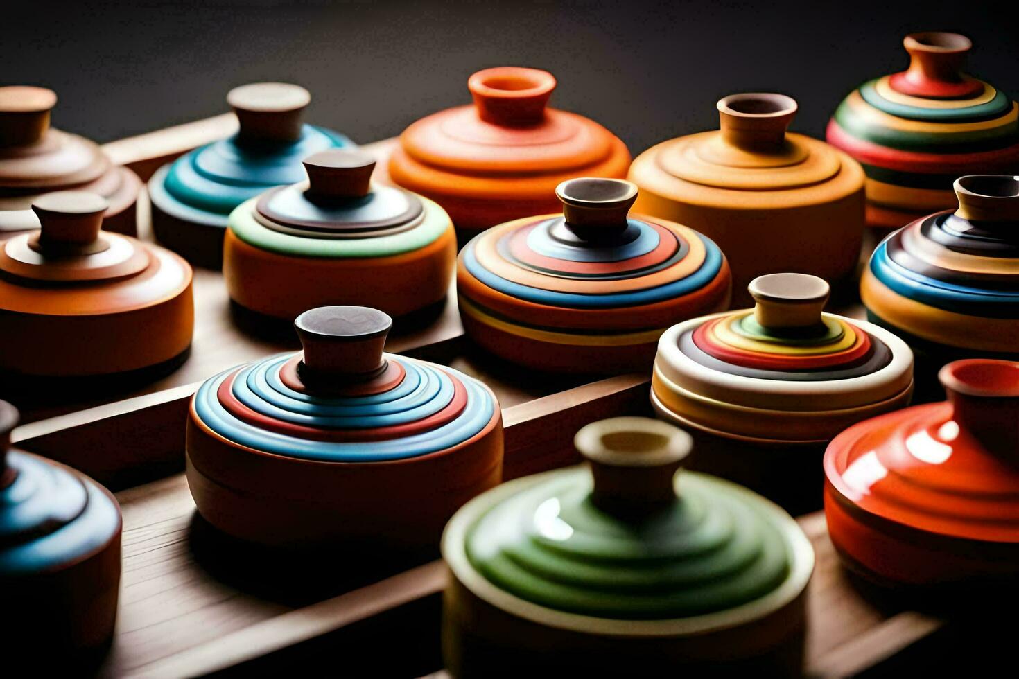 a row of colorful vases on a table. AI-Generated photo