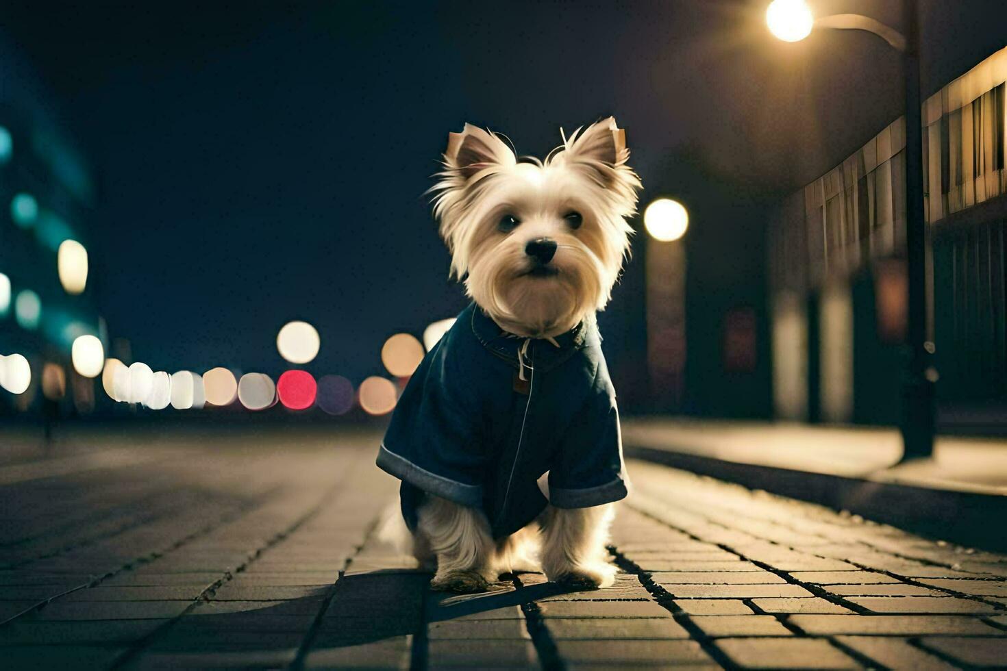 a small white dog in a jacket standing on a brick road at night. AI-Generated photo