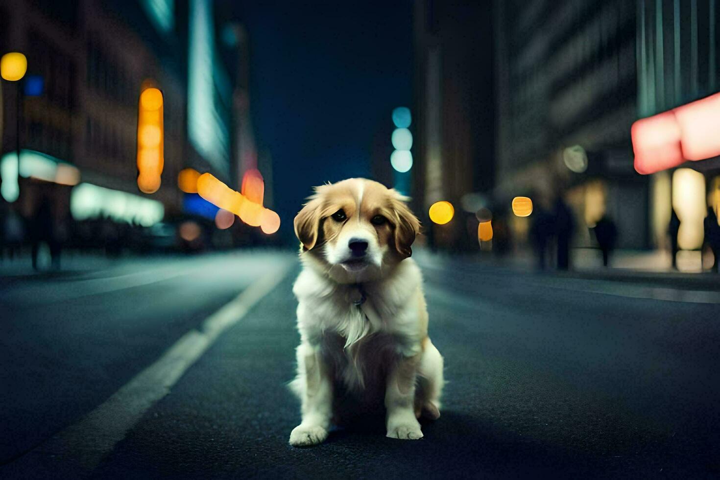 a dog sitting on the street at night. AI-Generated photo