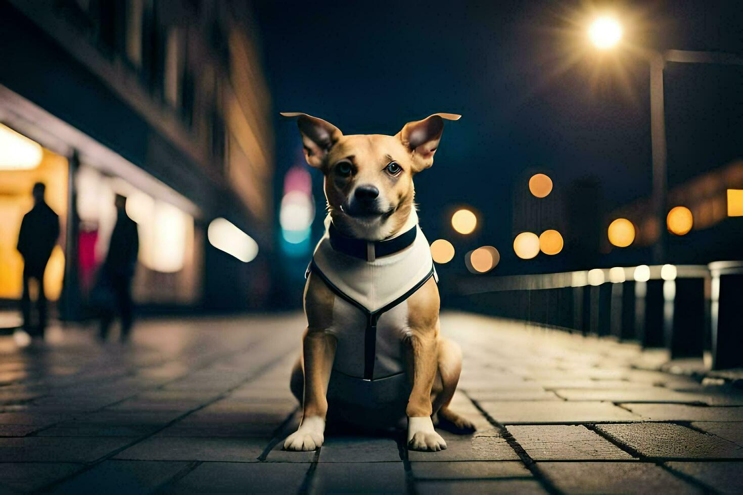 a dog wearing a vest sitting on the sidewalk at night. AI-Generated photo