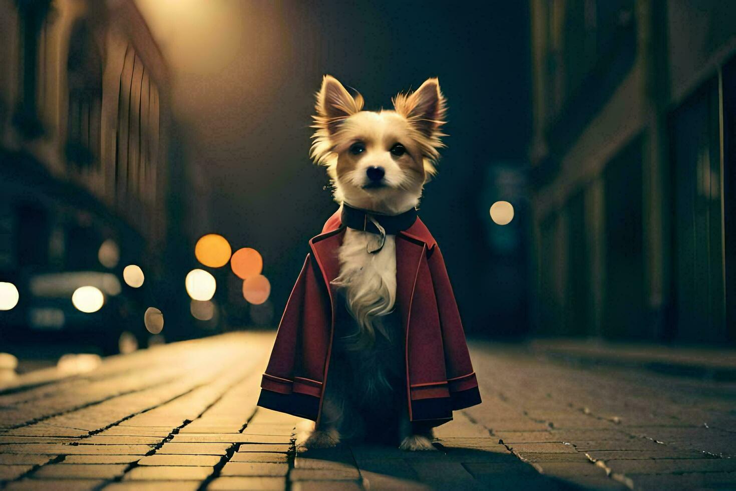 a dog wearing a red coat standing on a street at night. AI-Generated photo