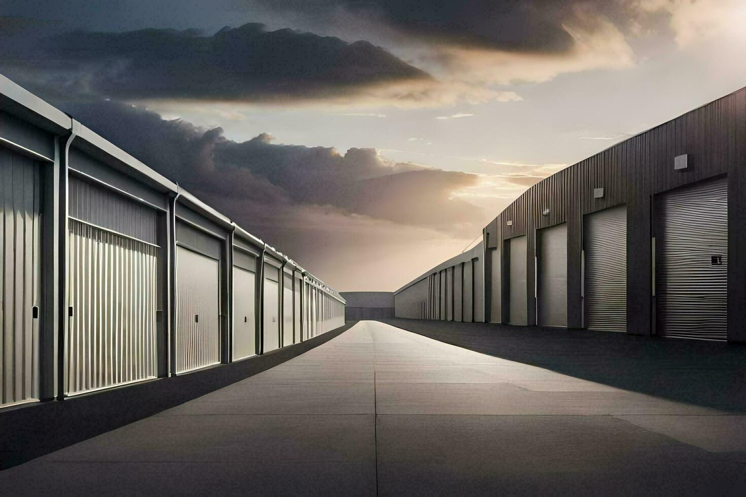 a long row of storage units with a sky background. AI-Generated photo