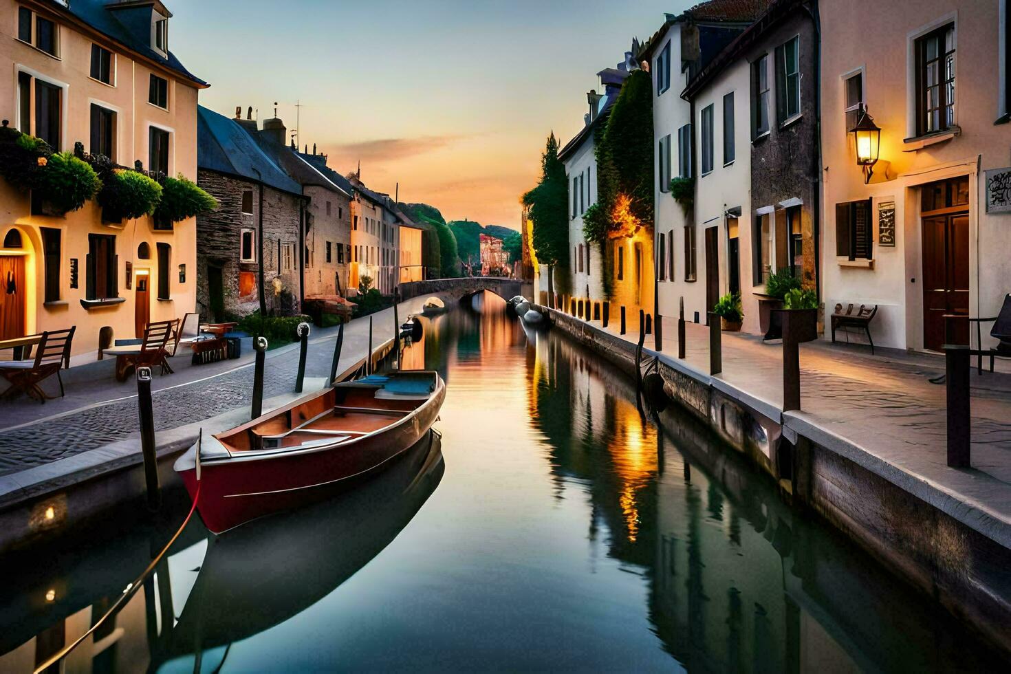 a boat is docked in a narrow canal at sunset. AI-Generated photo