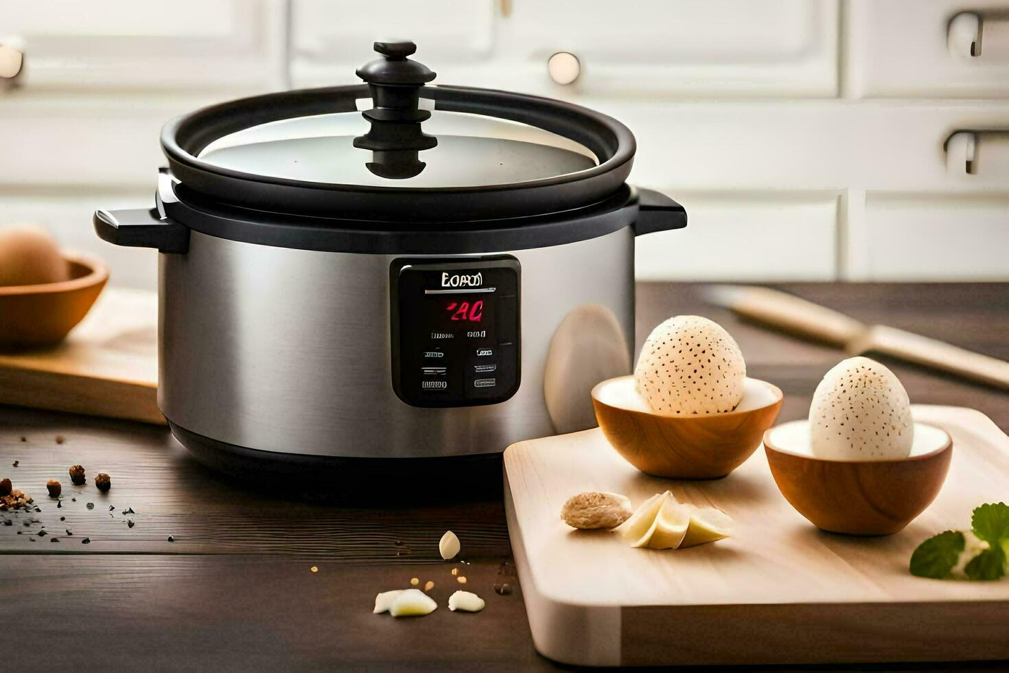 a slow cooker with eggs and other ingredients. AI-Generated photo