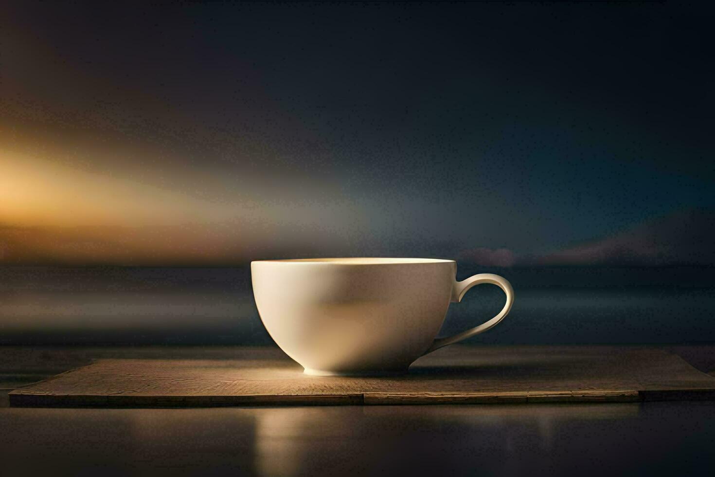 a cup of coffee on a table in front of the ocean. AI-Generated photo