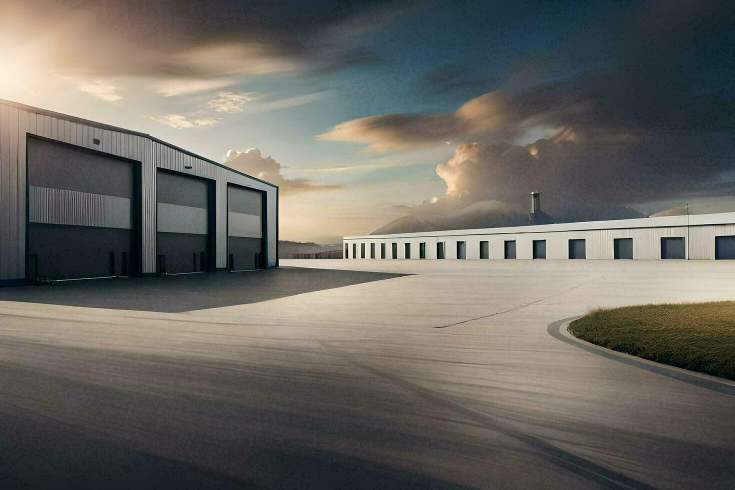 a large warehouse with a sun setting behind it. AI-Generated photo
