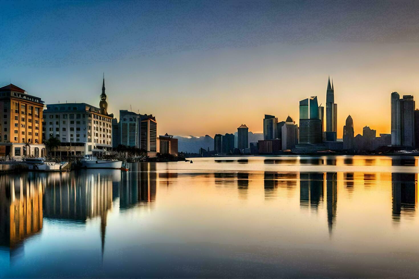 the city skyline is reflected in the water at sunset. AI-Generated photo