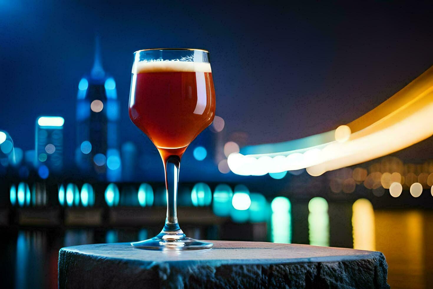 a glass of beer sitting on a table in front of a city skyline. AI-Generated photo